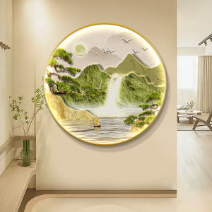 Luxurious round Mountain Landscape Painting Decorative Artwork for Entrance Hall Living Room Modern Printed Edition with Light