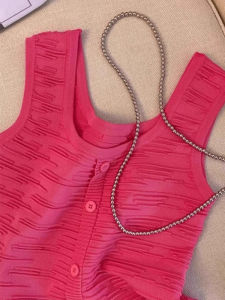 Pamine Pink Knitted Camisole Womens Summer New Style Sleeveless Silk Ice Vest Thin Base Shirt Commute Style Single-button Closure Short Length