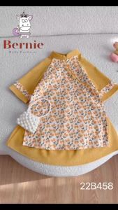 Áo dài tết cách tân bé gái nhung tăm hoa nhí BERNIE màu hồng vàng bé 8 đến 23 kg