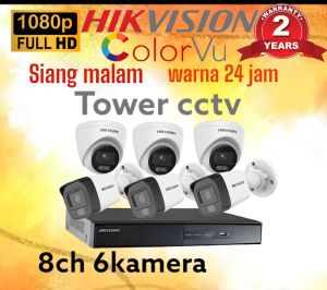 PAKET CCTV HIKVISION COLORVU 8 CHANNEL 6 KAMERA 2MP 1080P FULL COLOR SIANG MALAM