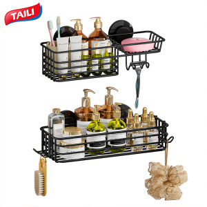 TAILI Corner Shower Caddy Suction Cup Shower Shelf NO Drilling Shower Corner Basket Suction Heavy Duty for Bathroom & Kitchen Corner Shower Rack-Black in Metal