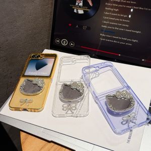 Sanrio | Glitter Diamond Bow Mirror Phone Case For Samsung Galaxy ZFlip 7 6 5 4 3 Folding Flip Case Full Hinge Shockproof For Girly Cover