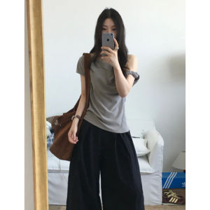 YUEZHONGWEI | American Style Spicy Girl Shoulder Bared Grey Knot Short Sleeve T-Shirt Women Summer New Slim Fit Exposed Shoulder Top