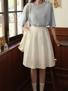 White Korean Style Half-length Midi Skirt Womens Miniature plus Size A-line Skirt with Pockets Slimming Elastic Waist