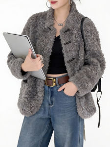 QINGNAER | Stylish Simple Horn Button Fluffy Coat Women Loose Slender Wear