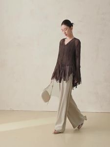 SUSHE | French Floral Embroidery Bell Sleeve Chiffon Shirt Set