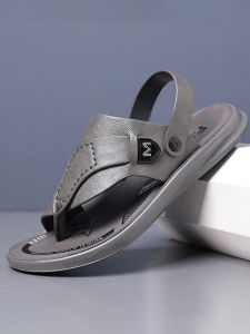 DTHN | Leather Sandals Mens Slip-On Casual Beach Shoes Anti-Slip Large Size Outdoor Two-Way Wear Summer Flat Heel Waterproof