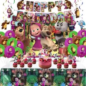 Potdemiel | Masha And the Bear Birthday Party Decoration Kit for Girls Kids Tablecloth Banner Cake Topper Balloon Backdrop Party Supplies