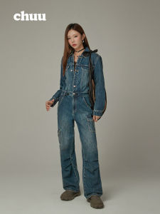 Chuu Fashionable Jumpsuit Jeans Womens New Spring Casual Design Slimming Long Pants High Waist Cotton Stretch Denim