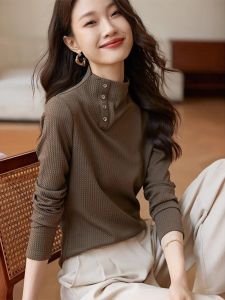 WANGGONGZHU | Slim Fit Knitted Base Shirt Womens Autumn Winter Inner Wear Button Half High Collar Fashionable Stylish Top Princess Style