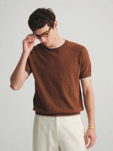 Contrast Shoulder Raglan Casual Short Sleeve T-shirt Linen Cotton Blend