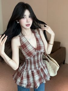 GUZILIAN | Sweet Pure Desire Neck Hanging Strap Top Womens Spring Summer French Waist Cinching Plaid Back Exposure Beautiful Skirt Vest