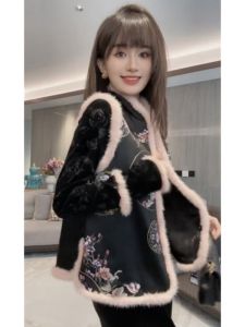 Black Printed Ruffle Edge Vest Shirt Two-Piece Set Womens Winter Fashion Chinese Style Polyester Fiber Trim Fit Casual Wear