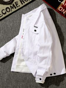 American Retro หลวม ผู้ชาย เดนิม เสื้อแจ็คเก็ต สีขาว ลำลอง Workwear สไตล์เสื้อเชิ้ตคอปกแขนยาวสําหรับ ฤดูใบไม้ผลิ ฤดูใบไม้ร่วง แฟชั่นเยาวชน