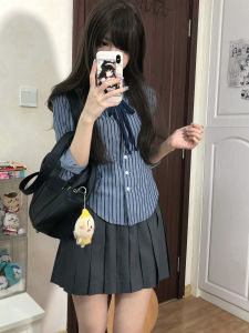 เสื้อเชิ้ตแขนยาวลายทางสีน้ำเงินสำหรับผู้หญิง ทรงเข้ารูป ดีไซน์ฤดูใบไม้ร่วง/ฤดูหนาว ทรงเข้ารูป ดีไซน์เก๋ไก๋ คอโปโล ปกเสื้อ