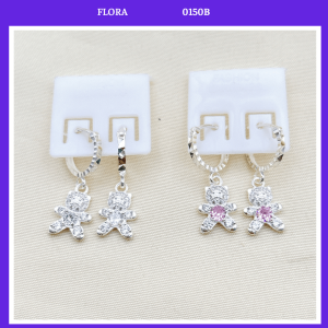FLORA 0150B - Bông tai bạc ta hình gấu đính đá màu hồng trắng dành cho bé gái