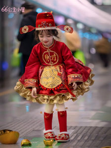 Lolita Style Girls Dress Heavy Embroidery Red Dress New Year Clothes Visit Clothes Childrens Traditional Chinese Costume
