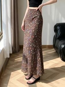 MANMI | Chân Váy Bút Chì Phong Cách Vintage Nâu Hoa Văn Cao Waist Ôm Phong Cách Nghỉ Dưỡng