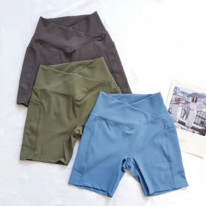 Double Pockets Cross Waist Skinny Slimming Cycling Shorts Outdoor Sports Training Quick-Drying Running Yoga Short-Length Pants