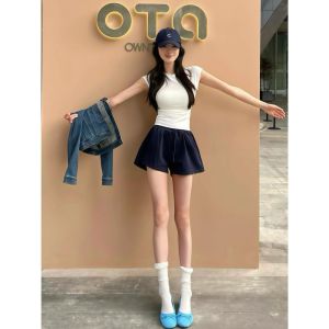 Quần Short Thể Thao Cạp Cao Màu Xanh Lam Cho Nữ Mùa Hè Quần Ngủ Thể Thao Thường Ngày Yoga Chạy Bộ Quần Dài Ba Mảnh