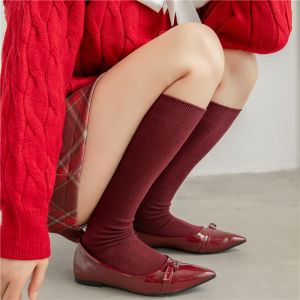 สีไวน์แดง ผู้หญิง ถุงเท้าถึงกลางน่อง ถุงเท้า Jk ผ้าฝ้าย ถุงน่องยาว ฤดูใบไม้ร่วง ฤดูหนาว บ้านสบาย ระบายอากาศได้ดี ถุงเท้าสร้างขา