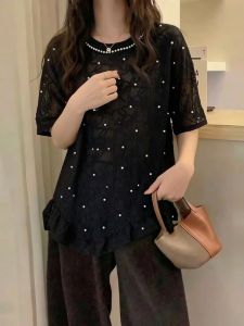 AIYITI | Beaded Lace Black Short Sleeve T-Shirt
