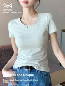 MiiOW | Slimming Pure Cotton Short Sleeve Round Neck Base Shirt For Women Summer New Style MiiOW Cat Person Commute Style Slim Fit T-shirt