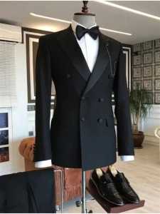 Formal Classic Black Slim Fit Mens Suit 2-Piece Blazer Pants Set Double-Breasted Design Wedding Groom Tuxedo Office Male Outfit