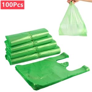 100Pcs 3Sizes Green Plastic Bag Supermarket Grocery Gift Shopping Bag Thicken with Handle Vest Bag Kitchen Storage Baskets