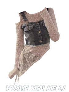Summer New Chic Womens Lace Off-Shoulder Top Short Denim Vest Two-Piece Set Fashionable Casual Wear Polyester Material