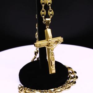 Jesus Cross Crucifix Pendant Necklace for Men Stainless Steel Gold Color Christian Coffee Bean Chain Jewelry Croix Chrétienne