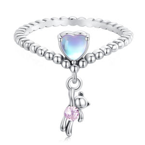 BAMOER 925 Sterling Silver Little Bear Balloon Ring for Women Fashion Jewelry Zircon Glass Ring Gift SCR886
