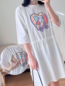 Maternity Nursing Dress Summer Thin Short Sleeve Postpartum Sleepwear Casual round Neck Cotton Gown for Breastfeeding Mothers
