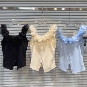 ชุดเด GR168ผ้าแต่งกลีบแต่งระบายแบบกระดุมแถวเดียวกระดุมตาข่ายแขนกุดคอลเลกชันใหม่ฤดูร้อนเสื้อกล้ามเข้ารูปผู้หญิง