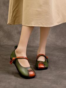 Handmade Original Retro Genuine Leather Womens Shoes Comfortable Soft Bottom Fashionable Color Block Single Buckle Slip-On