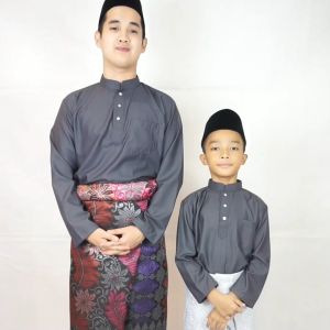 Baju Melayu Raya Slim Fit Cotton Dark Grey/Kelabu Sepasang Dewasa & Budak (C004bm)