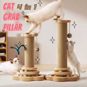 4 in 1 Cat Scratch Pillar Solid Wood Turntable Funny Toys Cat Teaser Stick Multifunctional Durable
