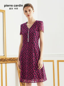 Pierre Cardin Womens Summer Pink Mesh Sleeve V-neck Short Sleeve Dress A-line Skirt Commute Elegant mid Waist Short Dress