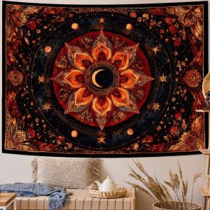 VIKAMA Đen Cam Bohemian Tấm Thảm Mặt Trời Mặt Trăng Sao Tarot In Treo Tường Trang Trí Nhà Cho Phòng Ngủ Phòng Khách Ký Túc Xá