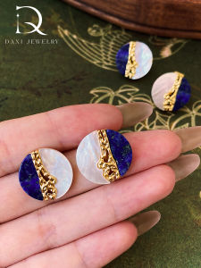 HaiShengMingYue New Chinese Style Natural Lapis Lazuli Earrings with Abalone Shell Vintage Luxury Feel Clip-On Earrings
