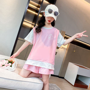 Girl Pure Cotton Sports Suit Summer 2024 New Arrival Childrens K-style Western Style Girl Fashionable Casual Two-Piece Suit
