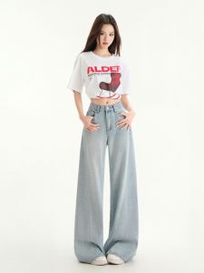 American Style High Waist Wide Leg Blue Jeans Womens Spring Summer New Versatile Slimming Drapey Straight Floor-Length Pants