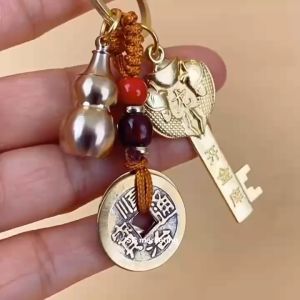 Chinese 12 Zodiac Feng Shui Gourd Golden Key Keychain Brass Gourd Coin Bring Good Luck and Wealth