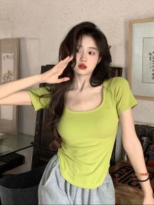 Fashionable Korean Design plus Size Short Sleeve Slim Fit Short T-Shirt Womens Summer Square Collar Trendy Top Pure Color