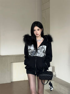 เสื้อแจ็คเก็ตฮู้ดพิมพ์ลายย้อนยุคพร้อมฮาราจูกุ เสื้อสเวตเตอร์คอตั้งทรงหลวมสำหรับผู้หญิงในฤดูใบไม้ร่วงและฤดูหนาว