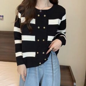 ✨ เสื้อแขนยาว ผ้าถัก ลายทาง ฟรี สําหรับผู้หญิง พร้อมกระดูม 2 แถว เสื้อกันหนาวแฟชั่น