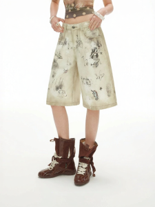 Unifree | Washed Distressed Graffiti Marine Print High Waist Loose Wide Leg Womens Shorts