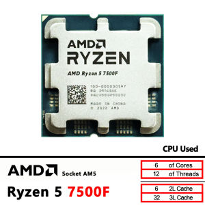 AMD | Used AMD R5 7500F Ryzen 5 7500F 3.7GHz CPU processor 6-Core 12-Thread 5NM L3=32M 100-000000597 Socket AM5