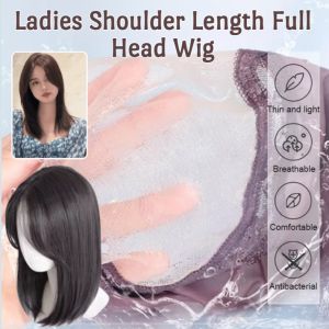 Ladies Shoulder Length Full Head Wig French Style Straight Wig Hairpiece Breathable Inner Mesh Realistic Natural Scalp