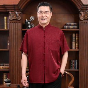 Summer Thin Mulberry Silk Short Sleeve Suit Tang Suit Middle-Aged and Elderly Dad Men Loose Plus Size Casual Silk Shirt